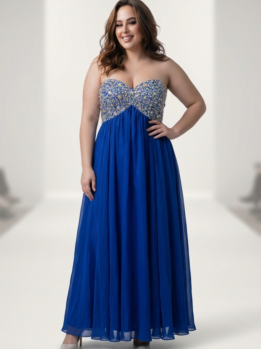 Strapless Royal Blue Embellished Bodice Evening Dress